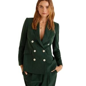 MANGO Double Breasted Blazer SMALL Dark Green Relaxed Fit Longline EUC